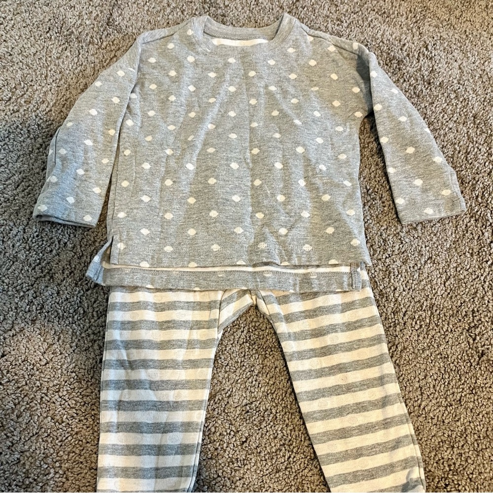 Gray and White Polka Dot and Stripe Outfit